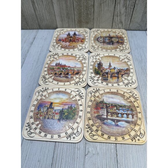 VTG Praha Prague 3D Astronomical Clock Designed Wooden Coasters Set 6 Souvenir - Picture 6 of 10